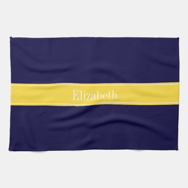 Solid Navy Blue, Pineapple Ribbon Name Monogram Kitchen Towel (Horizontal)