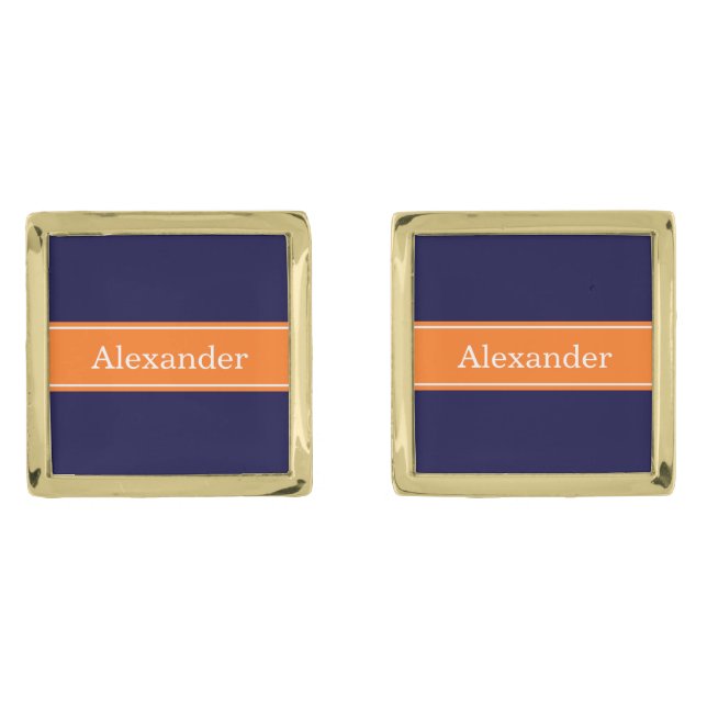 Solid Navy Blue, Pumpkin Ribbon Name Monogram Cufflinks (Front)