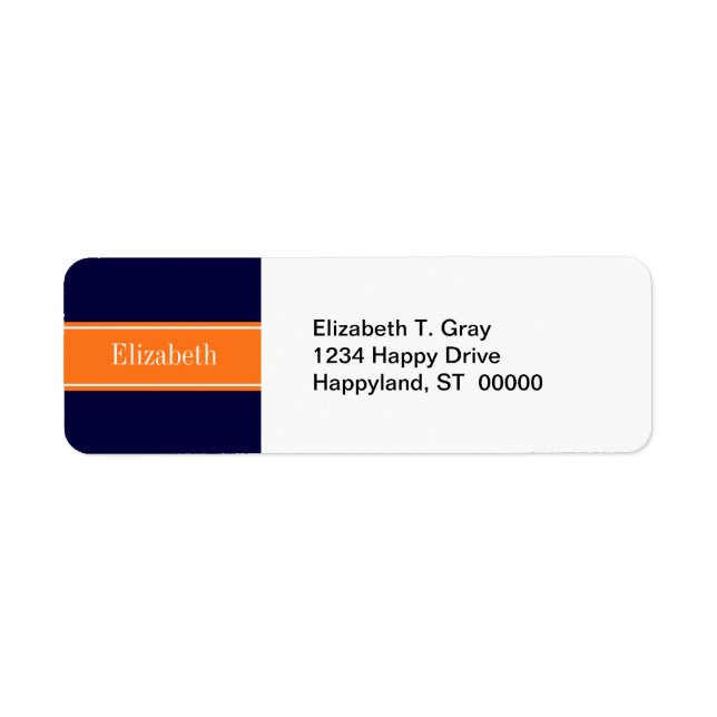 Solid Navy Blue, Pumpkin Ribbon Name Monogram Label (Front)