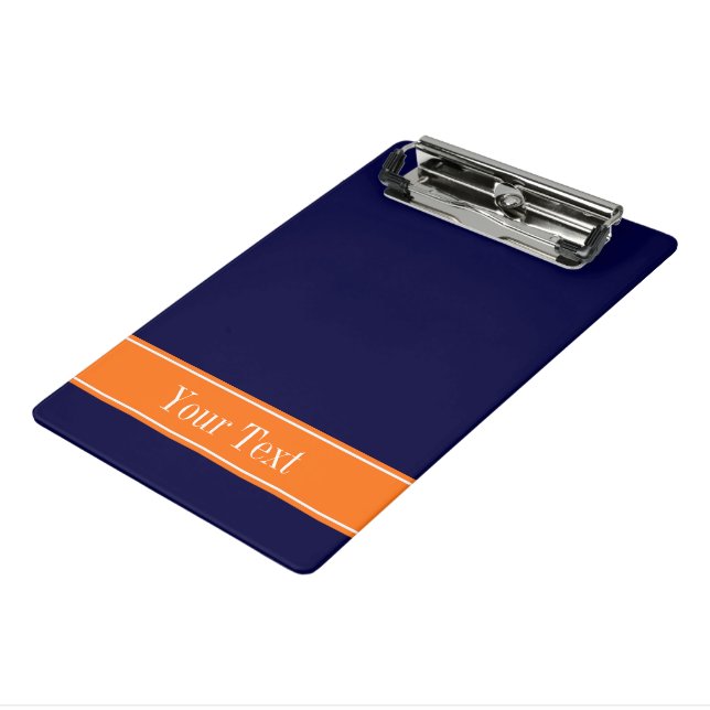Solid Navy Blue, Pumpkin Ribbon Name Monogram Mini Clipboard (Angled3)