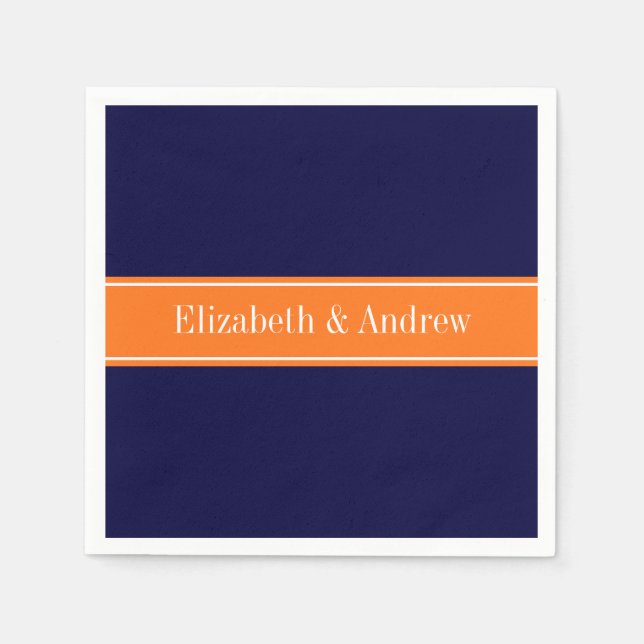 Solid Navy Blue, Pumpkin Ribbon Name Monogram Paper Napkins (Front)