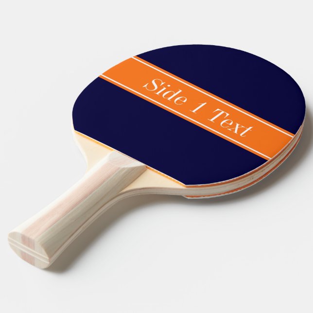 Solid Navy Blue, Pumpkin Ribbon Name Monogram Ping-Pong Paddle (Front Angle)