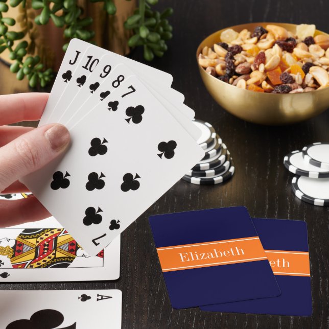 Solid Navy Blue, Pumpkin Ribbon Name Monogram Poker Cards (In Situ)