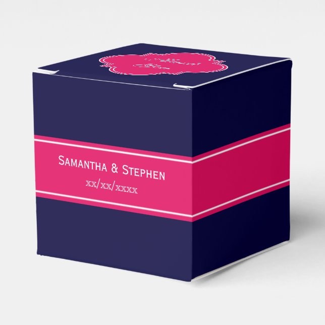 Solid Navy Blue, Raspberry Ribbon Name Monogram Favor Boxes (Front Side)