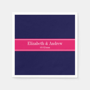 Solid Navy Blue, Raspberry Ribbon Name Monogram Napkins