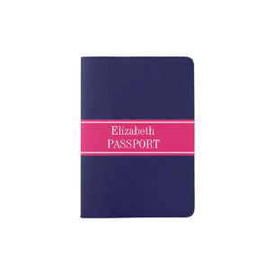 Solid Navy Blue, Raspberry Ribbon Name Monogram Passport Holder