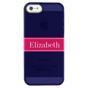 Solid Navy Blue, Raspberry Ribbon Name Monogram Clear iPhone SE/5/5s Case
