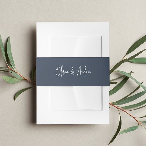 Solid Navy  Handwritten White Lettering Wedding Invitation Belly Band