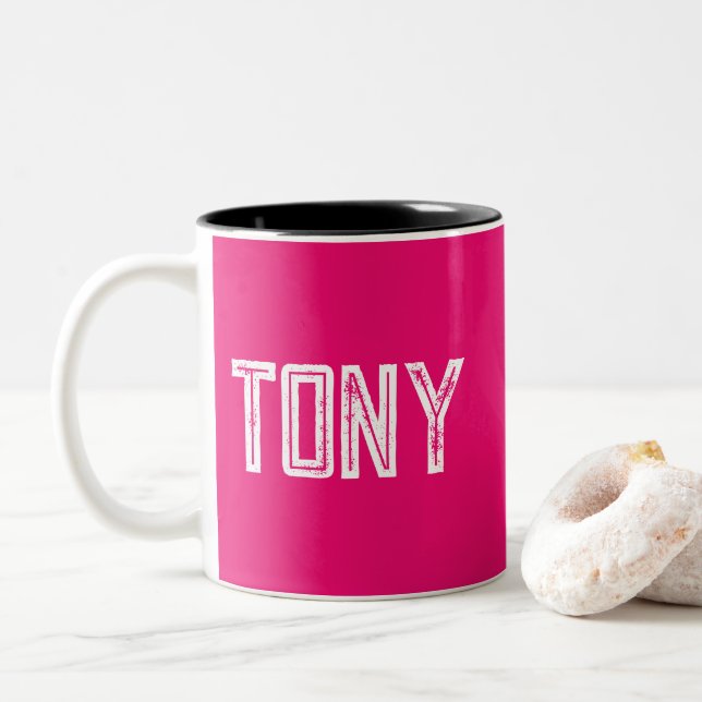 Solid Neon Hot Pink Custom Name Monogram Two-Tone Coffee Mug (With Donut)
