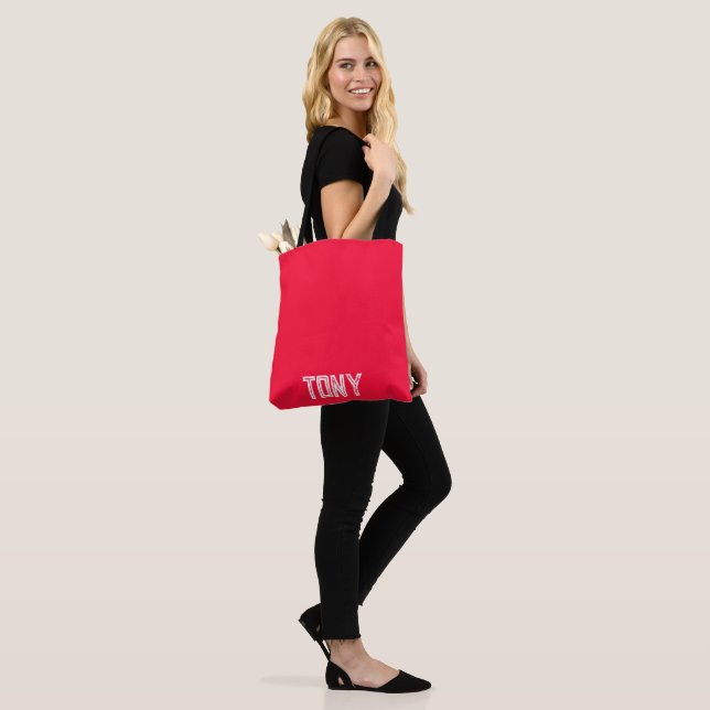 Solid Neon Red Color Custom Name Monogram Tote Bag (On Model)