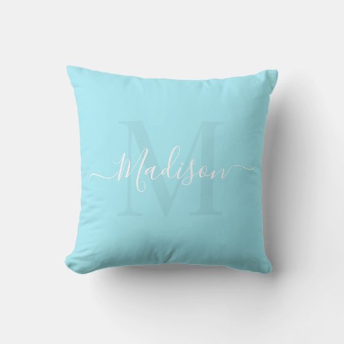 Solid Pastel Aqua Blue Custom Monogram Name Throw Pillow
