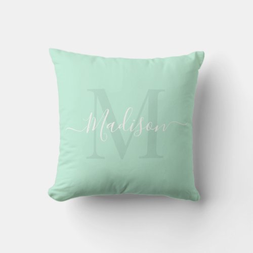 Solid Pastel Celeste Green Custom Monogram Name Throw Pillow