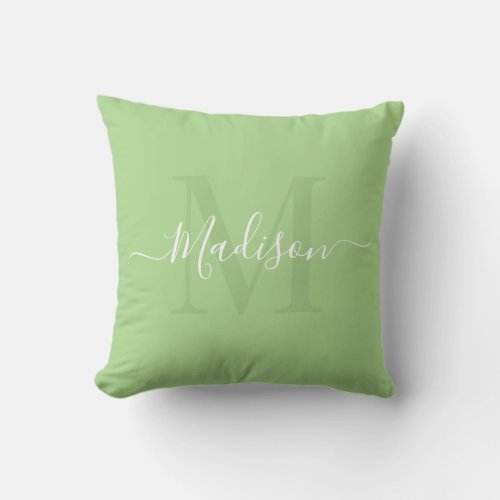 Solid Pastel Pistachio Green Custom Monogram Name Throw Pillow
