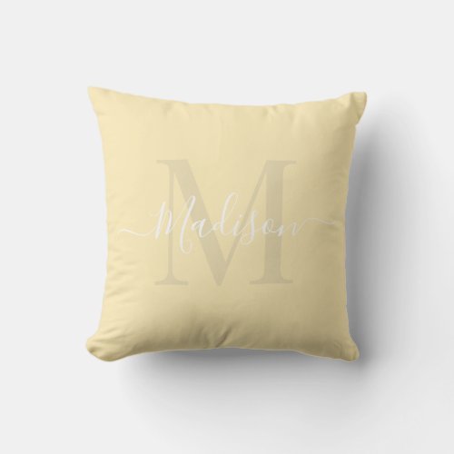 Solid Pastel Yellow Beige Custom Monogram Name Throw Pillow