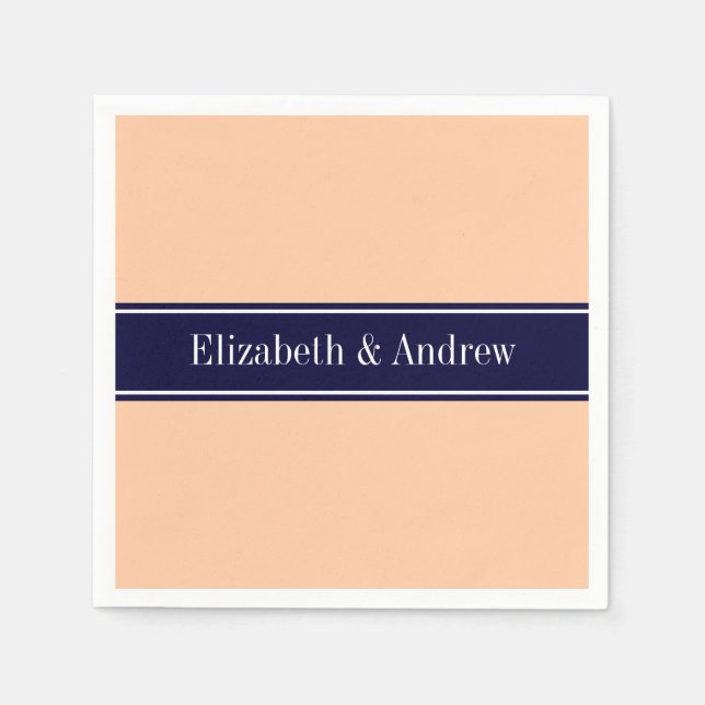 Solid Peach, Navy Blue Ribbon Name Monogram Paper Napkins (Front)
