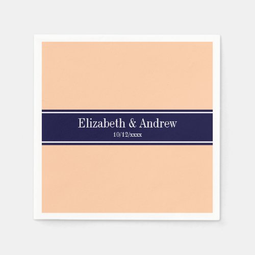 Solid Peach Navy Blue Ribbon Name Monogram Paper Napkins