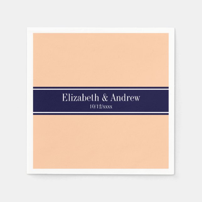 Solid Peach, Navy Blue Ribbon Name Monogram Paper Napkins (Front)