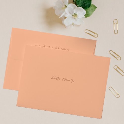 Solid Peach Summer Wedding with Brown Script Envelope