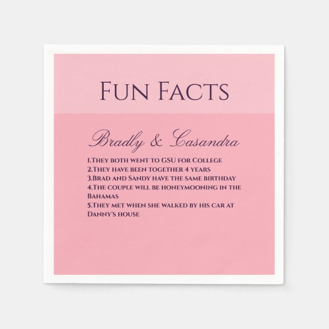 Solid Pink Blush Template Wedding Fun Facts Napkin (Front)