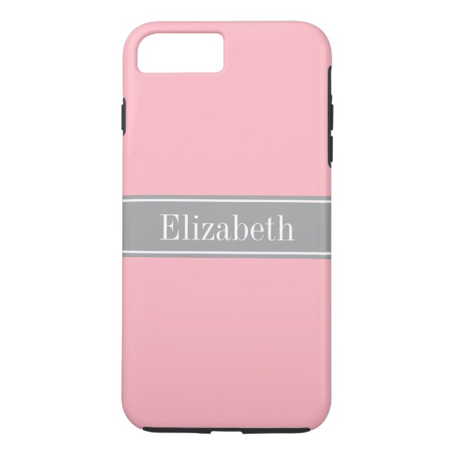 Solid Pink, Dark Gray Ribbon Name Monogram Case-Mate iPhone Case (Back)