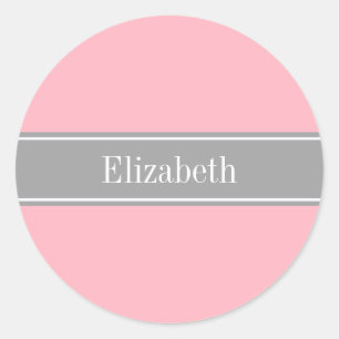 Solid Pink, Dark Gray Ribbon Name Monogram Classic Round Sticker