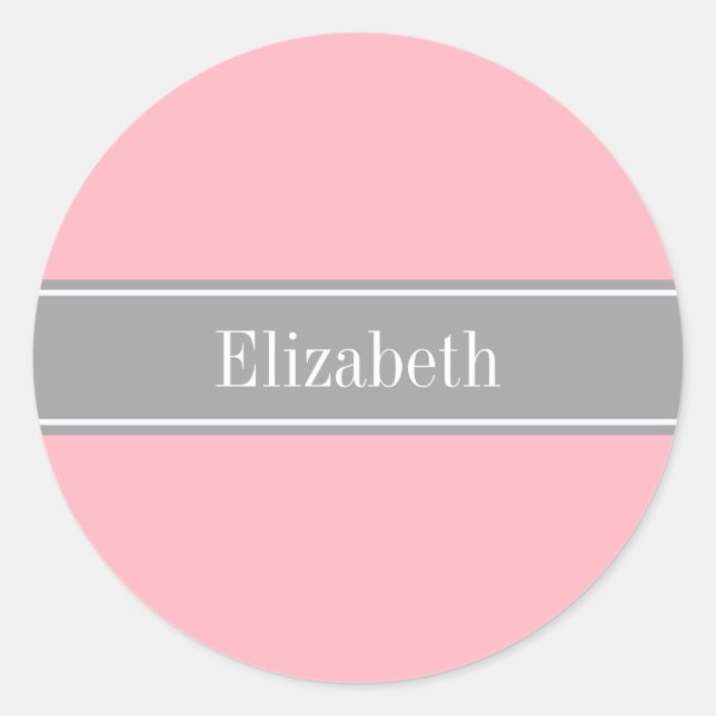 Solid Pink, Dark Gray Ribbon Name Monogram Classic Round Sticker (Front)