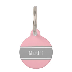 Solid Pink, Dark Gray Ribbon Name Monogram Pet ID Tag