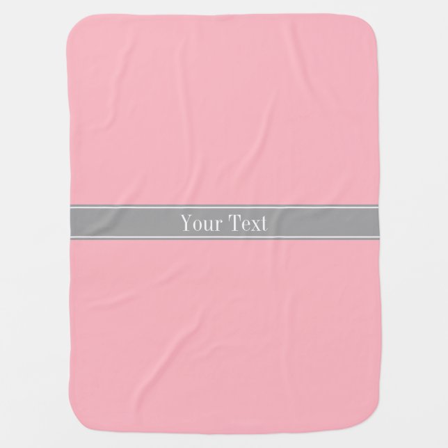 Solid Pink, Dark Gray Ribbon Name Monogram Stroller Blanket (Front)