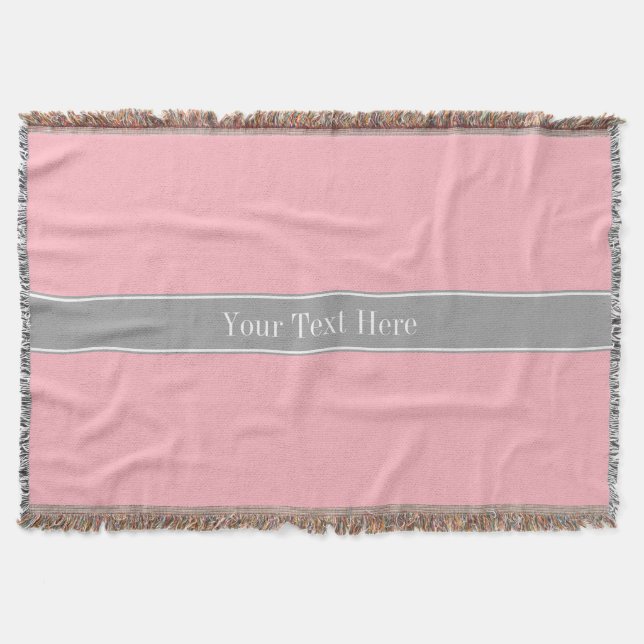 Solid Pink, Dark Gray Ribbon Name Monogram Throw Blanket (Front)