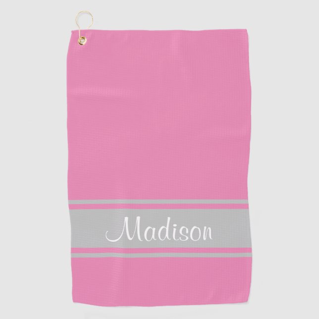 Solid Pink Gray Stripes Script Name Golf Towel (Front)