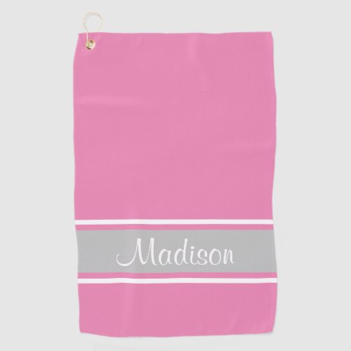 Solid Pink Gray White Stripe Script Name Golf Towel