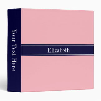 Solid Pink, Navy Blue Ribbon Name Monogram 3 Ring Binder