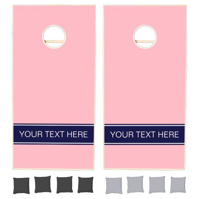 Solid Pink, Navy Blue Ribbon Name Monogram Cornhole Set (Set)