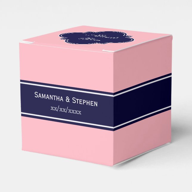 Solid Pink, Navy Blue Ribbon Name Monogram Favor Boxes (Front Side)