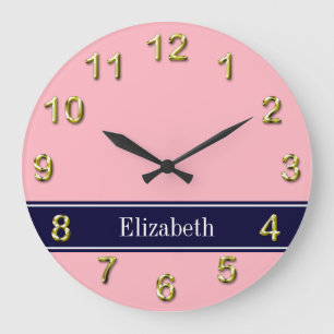 Solid Pink, Navy Blue Ribbon Name Monogram Large Clock