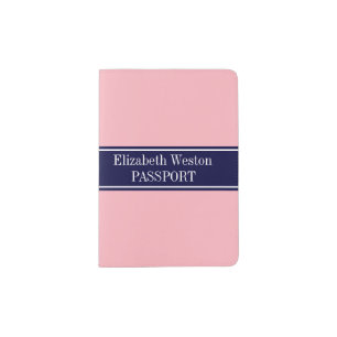 Solid Pink, Navy Blue Ribbon Name Monogram Passport Holder