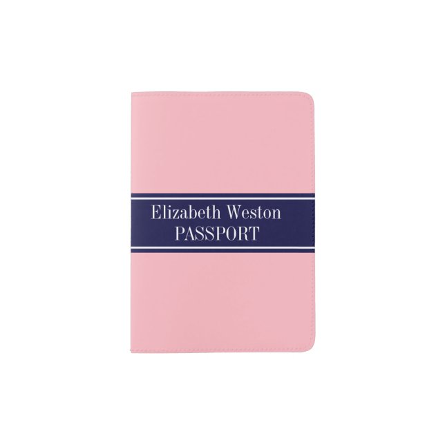 Solid Pink, Navy Blue Ribbon Name Monogram Passport Holder (Front)