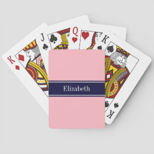 Solid Pink, Navy Blue Ribbon Name Monogram Poker Cards