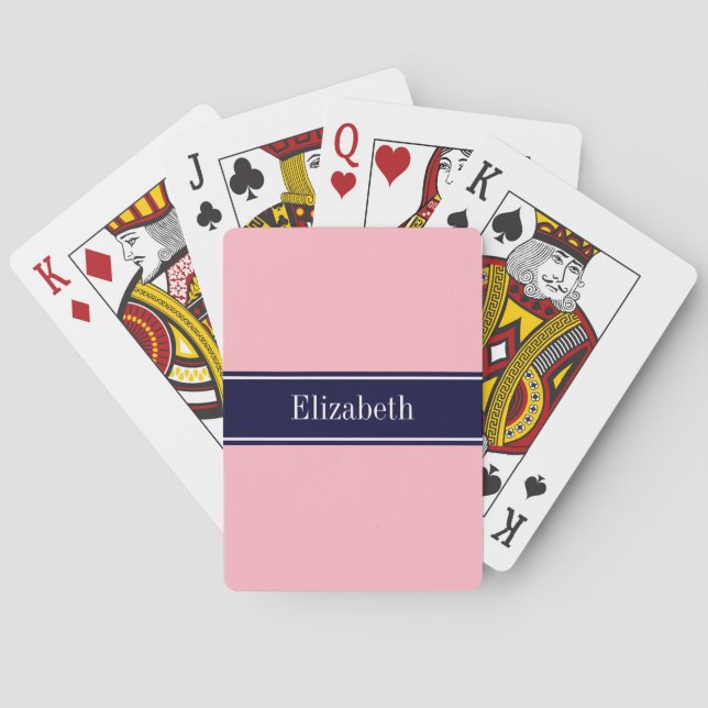 Solid Pink, Navy Blue Ribbon Name Monogram Poker Cards (Back)