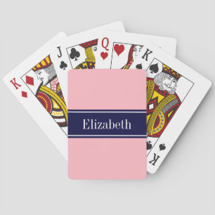 Solid Pink, Navy Blue Ribbon Name Monogram Poker Cards