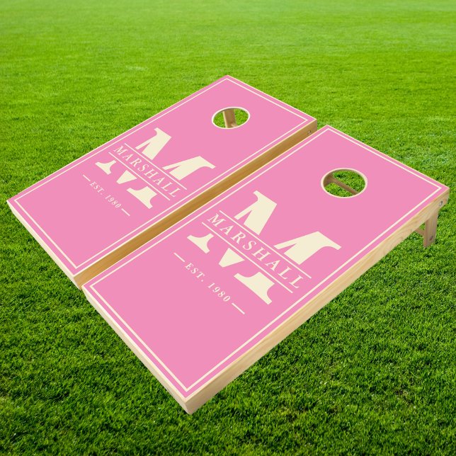 Solid Pink with Name & Initial | Cream Cornhole Set (Creator Uploaded)