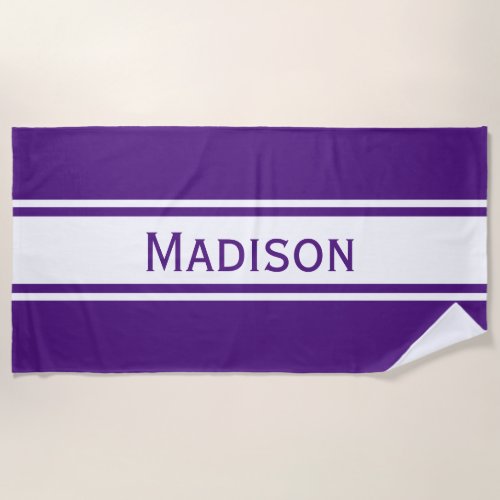 Solid Purple White Stripes Modern Name Beach Towel