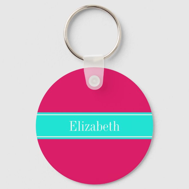 Solid Raspberry, Bright Aqua Ribbon Name Monogram Keychain (Front)