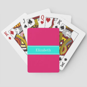 Solid Raspberry, Bright Aqua Ribbon Name Monogram Poker Cards