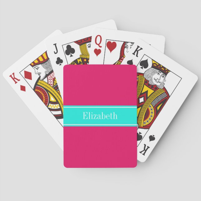 Solid Raspberry, Bright Aqua Ribbon Name Monogram Poker Cards (Back)