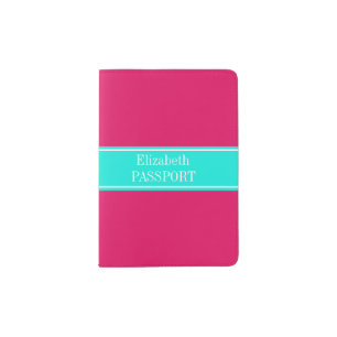 Solid Raspberry, Brt Aqua Ribbon Name Monogram Passport Holder