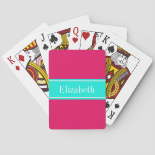 Solid Raspberry, Brt Aqua Ribbon Name Monogram Poker Cards