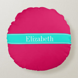 Solid Raspberry, Brt Aqua Ribbon Name Monogram Round Pillow