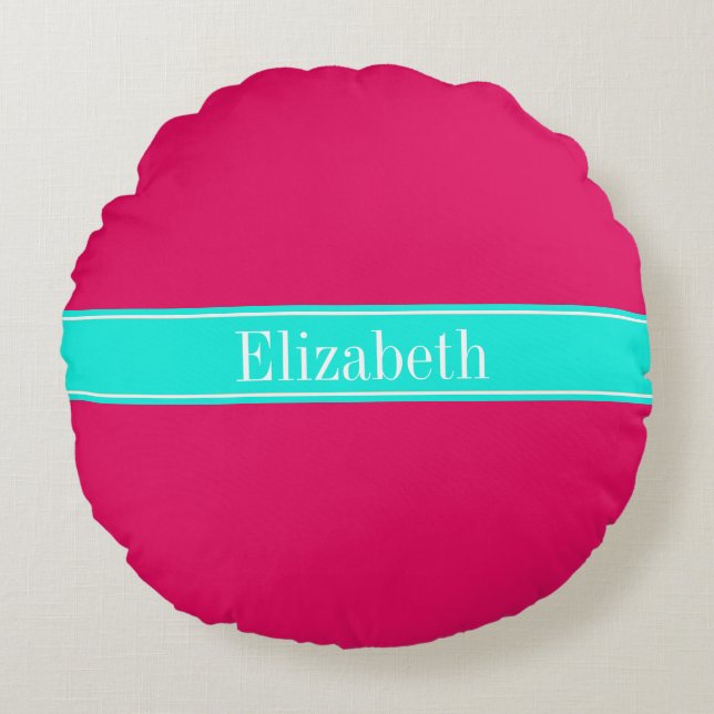 Solid Raspberry, Brt Aqua Ribbon Name Monogram Round Pillow (Front)