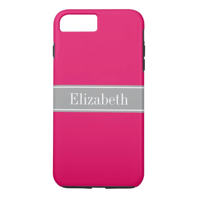 Solid Raspberry, Dark Gray Ribbon Name Monogram Case-Mate iPhone Case (Back)